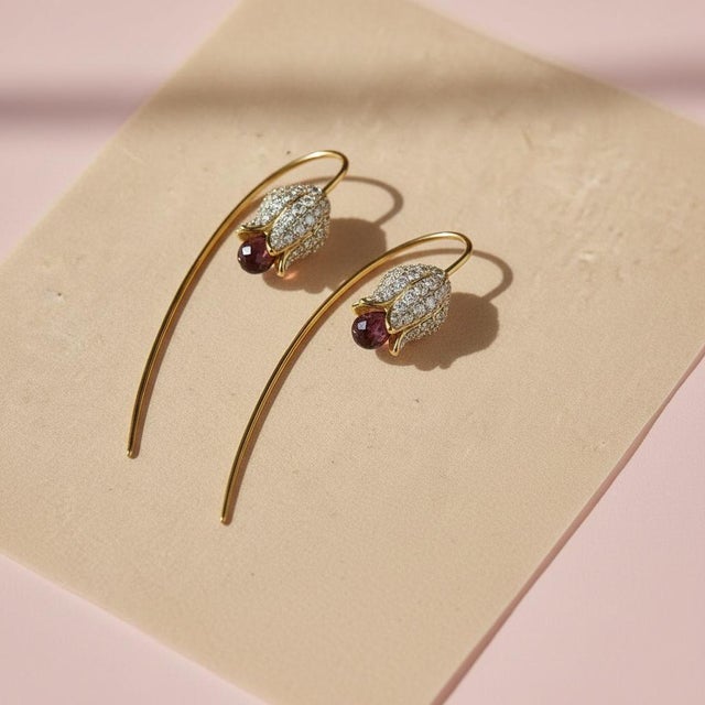 Silver, Gold Lily Flower Earrings With Garnet Briolettes, Pair For Sale - Image 4 of 6