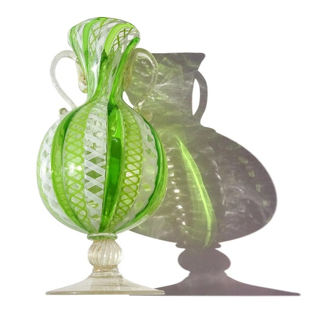Beautiful vintage Murano hand blown green and white ribbons Italian art glass decorative footed double handles flower...