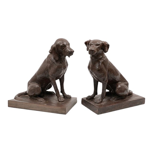 Pair of Vintage Cast Iron Seated Hound Statues For Sale