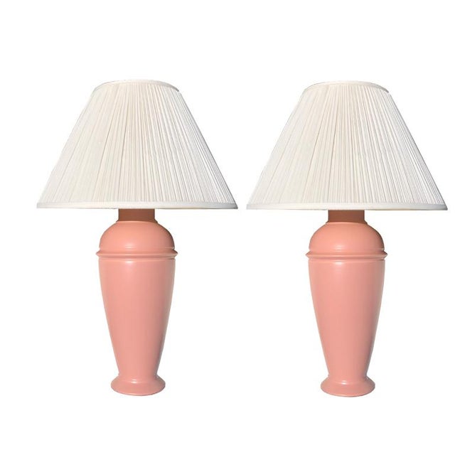 Metal 1930s Pink Art Deco Ceramic Table Lamps With Pleated Cream Shade a Pair For Sale - Image 7 of 7