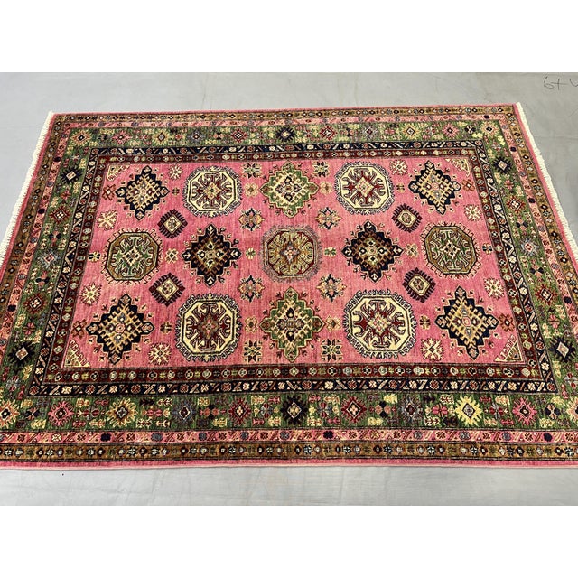 2000 - 2009 Pink Kazak Tribal Rug With Green Border, 4'11" X 6'8" For Sale - Image 5 of 13