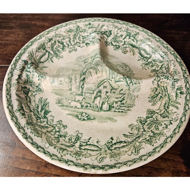 Late 19th Century Late 19th Century Booths, Celone Ivory Green Transfer Ware, Divided Grill Plate, in the "British Scenery" Pattern For Sale - Image 5 of 11