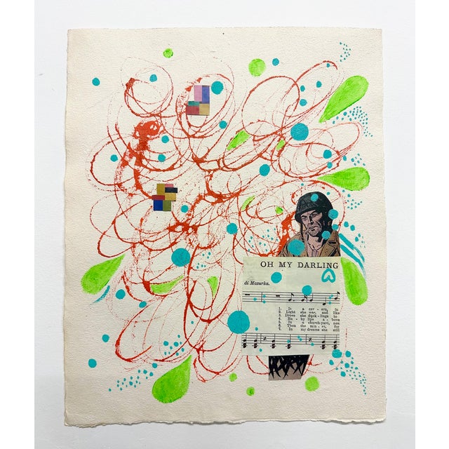 A colorful work on paper from mid career artist Ben Junta Acrylic, Collage, Ink on Paper 14.75" x 12"