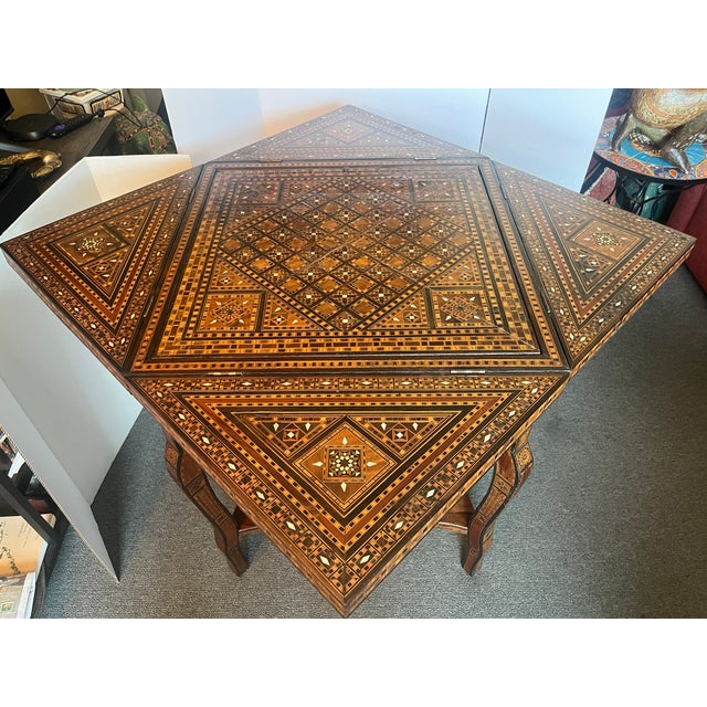 Early 20th Century Hand Crafted Anglo-Indian or Inlaid Syrian Marquetry & Mother of Pearl Game Table Backgammon, Chess, Checkers For Sale - Image 12 of 14