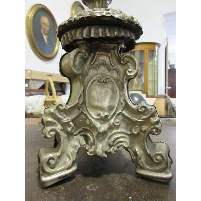 Late 20th Century Vintage European Baroque Style Silvered Altar Candlestick Table Lamps - Pair For Sale - Image 5 of 6