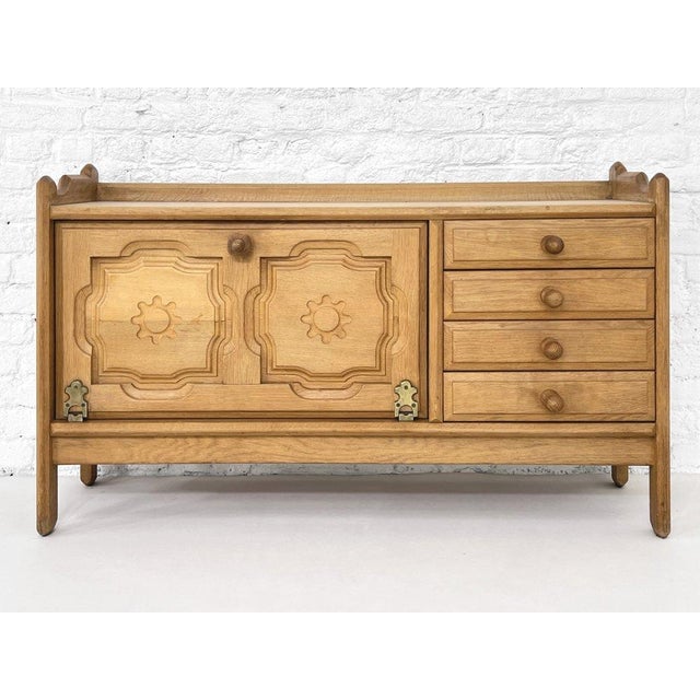 1950s French Guillerme & Chambron Design Oak Wooden Bar Cabinet "Bourbonnais" collection composed of 4 drawers one side...