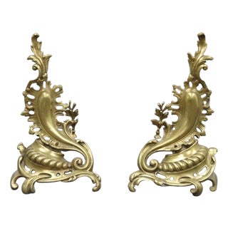Antique French Louis XV Rococo Style Bronze Brass Acanthus Andirons - A Pair For Sale