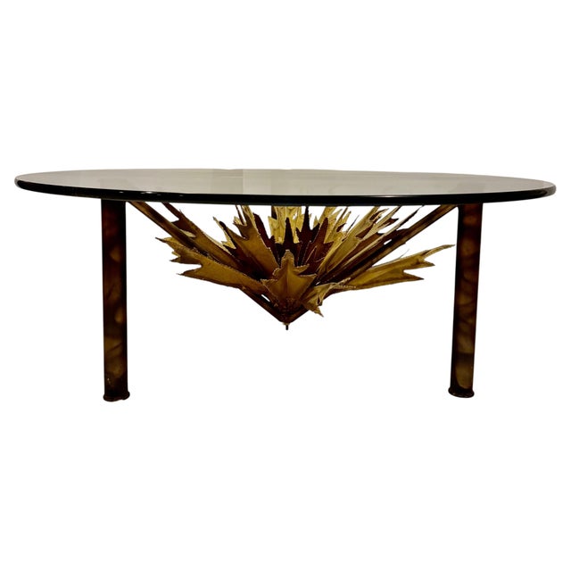 Rare Mid‑Century Modern Brutalist torch‑cut mixed‑metal sunburst cocktail table in the style of Paul Evans, Silas Seandel,...
