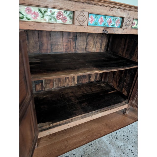 Farmhouse Stunning Antique Indonesian Carved Teakwood Cabinet With Majolica Ceramic Tiles For Sale - Image 3 of 14