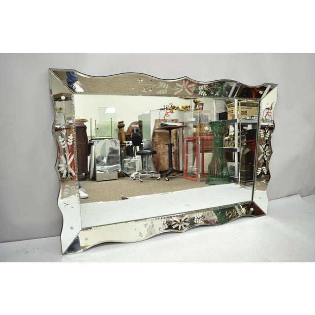Vintage Venetian Art Deco Scalloped Edge Floral Etched Glass Large Wall Mirror. Item features a shapely scalloped edge...