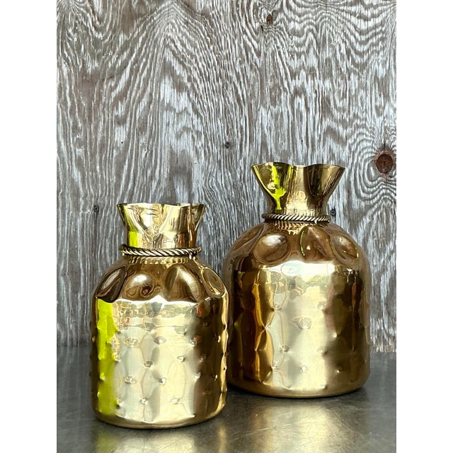 Late 20th Century Vintage Boho Polished Brass Tethered Bags - Set of 2 For Sale - Image 5 of 10