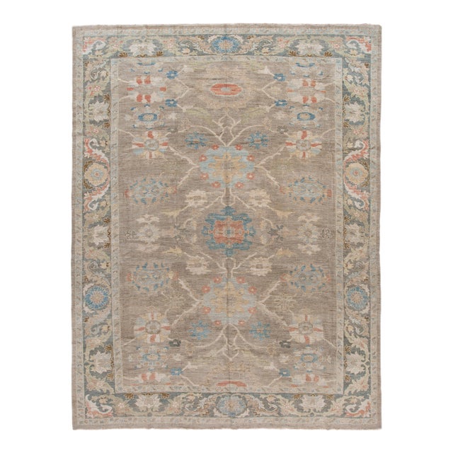 Modern Light Brown Sultanabad Handmade Floral Wool Rug For Sale