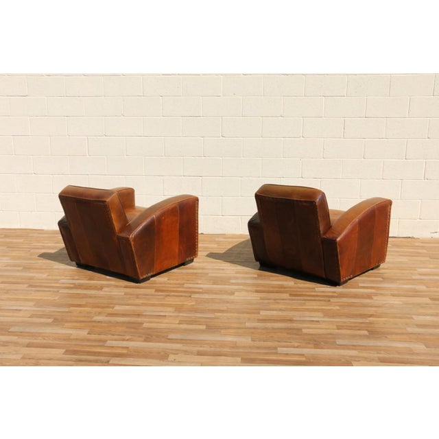 Vintage Pair Art Deco Revival Distressed Brown Leather Club Chairs & Ottomans, 1980s For Sale - Image 12 of 18