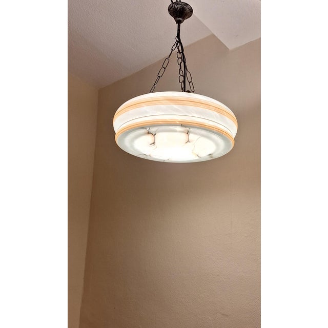 German Art Deco Ceiling Lamp with a White, Marbled Glass Shade with Pink Decoration on a Black Metal Mount, 1930s For Sale - Image 3 of 7