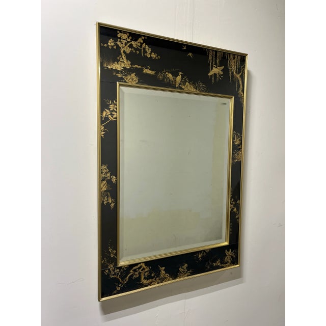 LaBarge eglomise chinoiserie mirror with rare black background. These are hand-painted in reverse on the back of the glass...