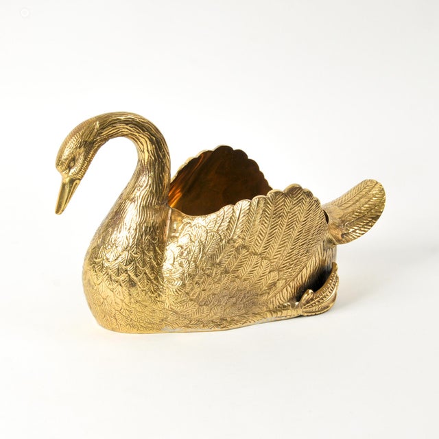 Incredibly detailed large brass swan centerpiece bowl/cache pot/basket. This beauty is a perfect vintage statement object...