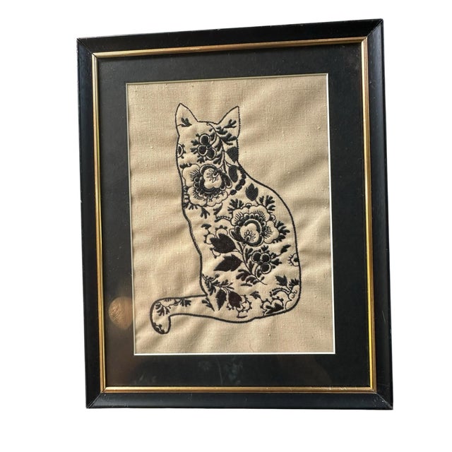 Linen Vintage Hand-Made Crewel-Style Embroidery of a Cat Featuring Florals - Framed 1976 Folk Art For Sale - Image 8 of 8