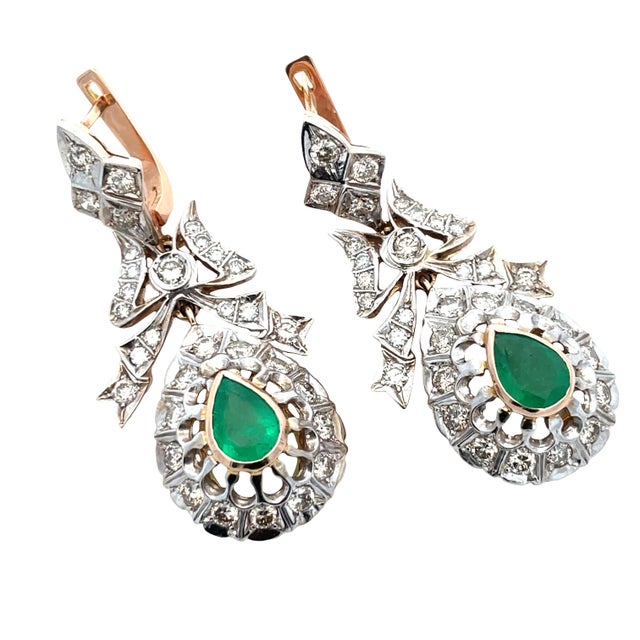 14k Gold 3 Carat Diamond & 1.50 CTW Emerald Drop Earrings, a Pair For Sale - Image 11 of 12