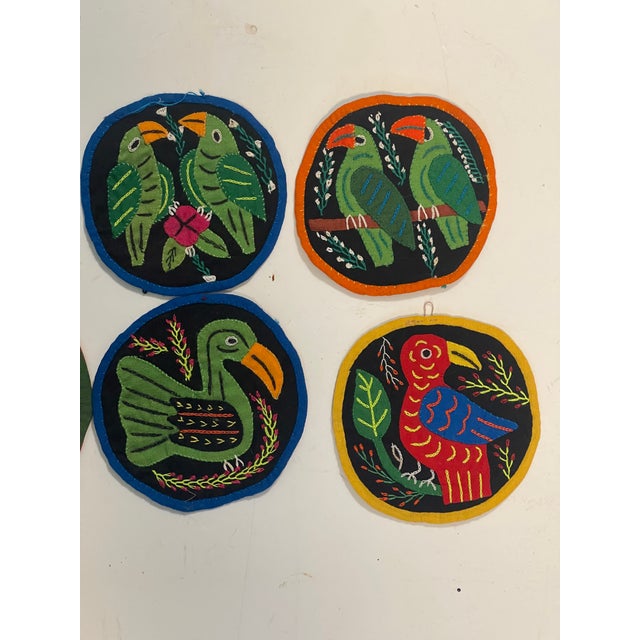 Beautiful stylised small textile rounders with handstitched bird appliqués in colourful textiles - folk art from Costa...