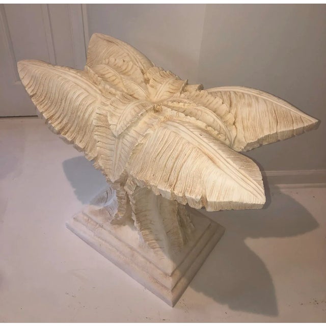 Stunning 1980s Serge Roche style tropical banana palm leaf table base sculptured in plaster with a light cream/off-white...