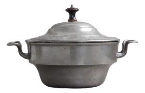 Large Vintage Pewter Pot with 2 Handles & Lid with Wooden Handle