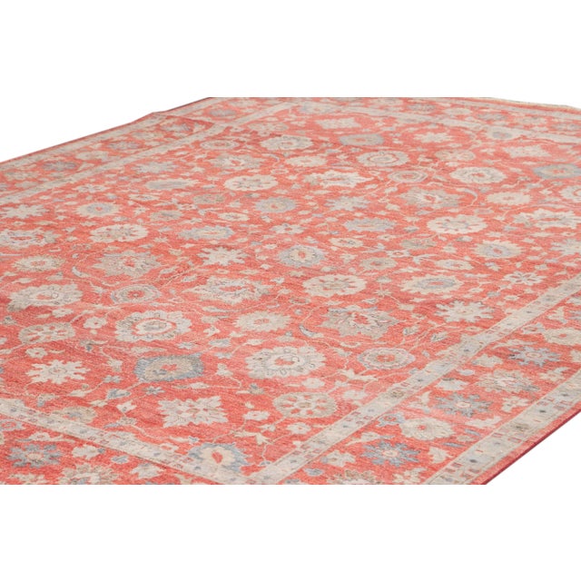 Modern Red Indian Wool Rug Handmade With Allover Floral Motif For Sale - Image 4 of 7