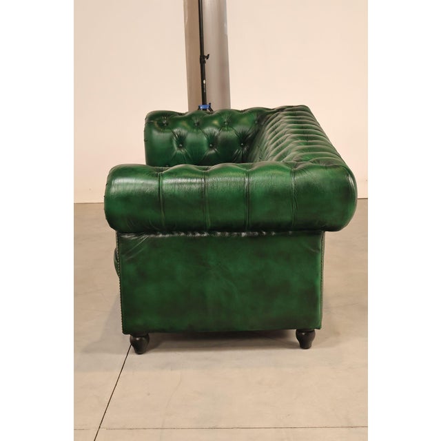 Chesterfield Style Green Leather Sofa For Sale - Image 14 of 16