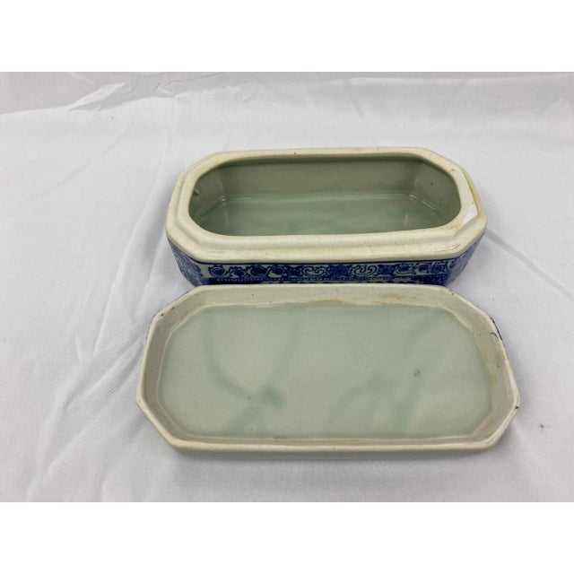 Vintage Blue & Celadon Earthenware Pottery Covered Box For Sale - Image 4 of 7