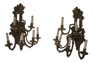19th Century Antique Large French Neoclassic Dore Bronze Wall Sconces - a Pair