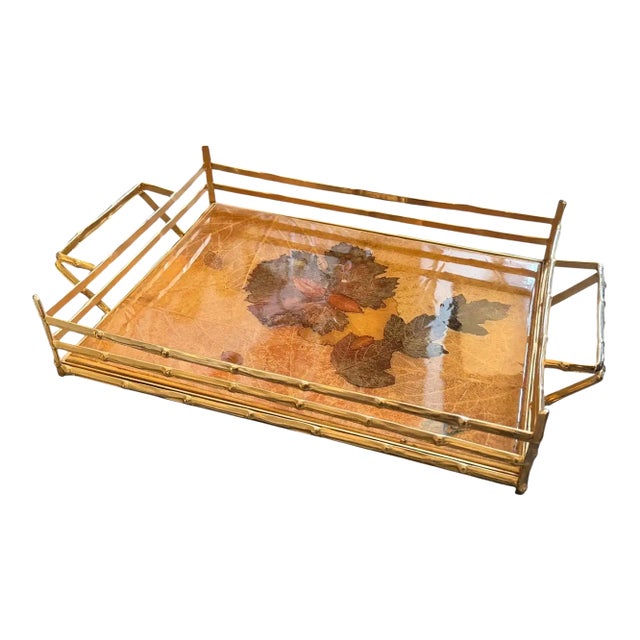 1970s Mid-Century Modern Bamboo Effect Brass and Lacquered Wood Italian Tray For Sale
