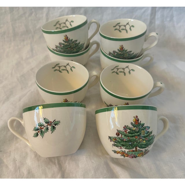 Ceramic Spode "Christmas Tree" Cup & Saucer Set of 8 For Sale - Image 7 of 11
