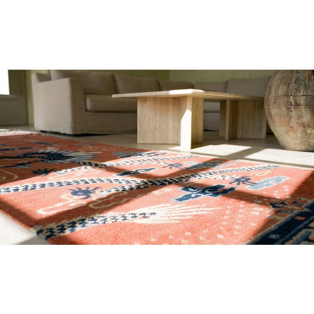 Salmon A Greek Key Pattern in a Salmon Background Color Antique Chinese Ningxia Pillar Rug For Sale - Image 8 of 8