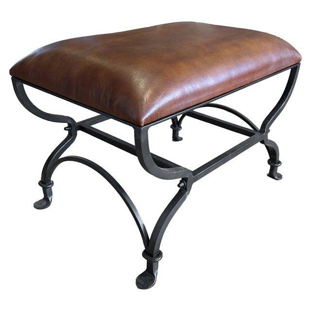 Short Iron Bench with Cognac Leather Upholstered Top.