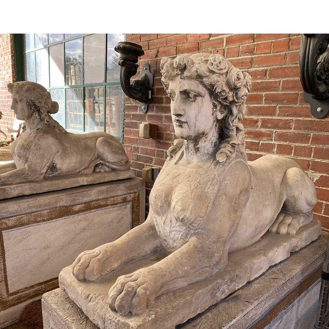 Gray Pair of French Louis XVI Limestone Sphinx Garden Statues For Sale - Image 8 of 18