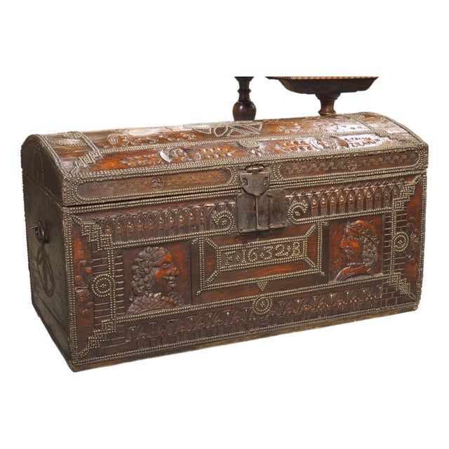A Fascinating 17th Century Carved and Iron Studded French Trunk, Dated 1632 For Sale