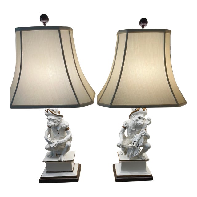 Vintage Monkey Musician Ceramic Table Lamps- Pair-Hollywood Regency Style For Sale
