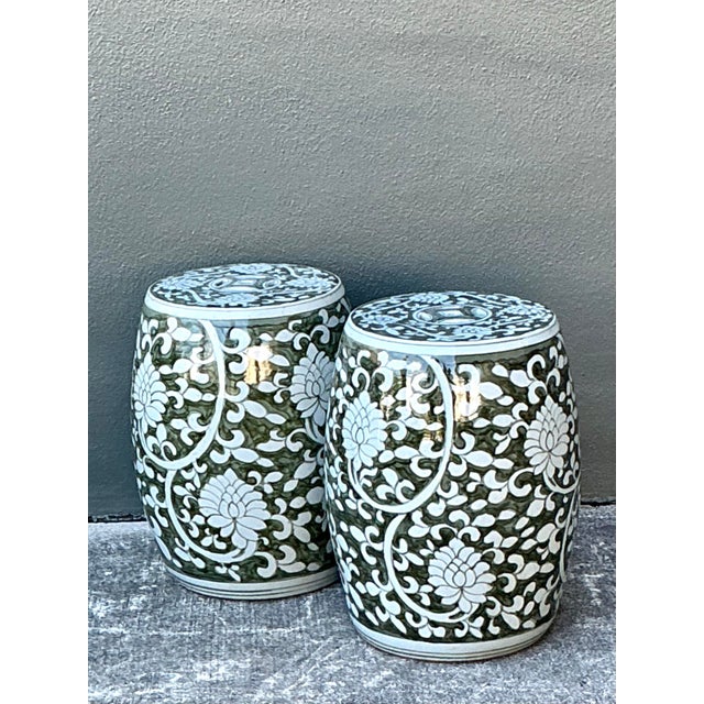 Vintage Glazed Ceramic Floral Garden Stool - A Pair For Sale - Image 11 of 12