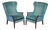 Set of Vintage Blue Fabric Wingback Chairs For Sale