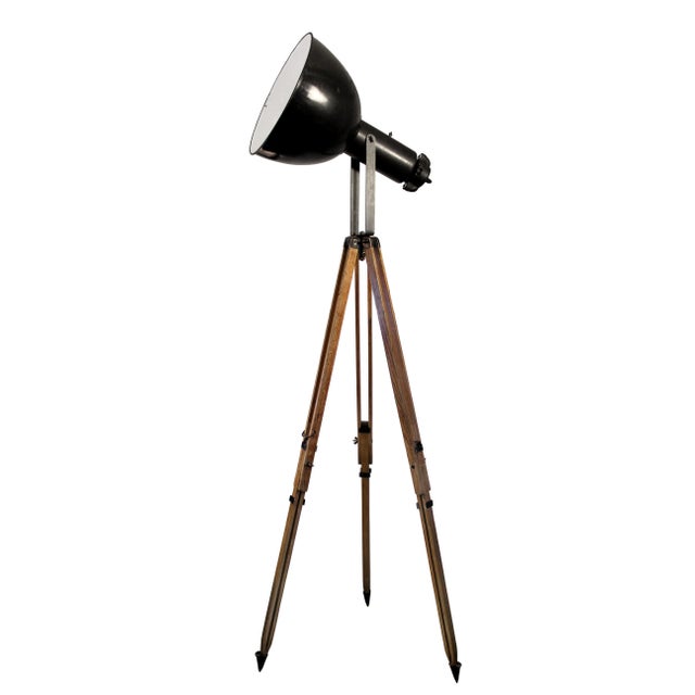 Metal Vintage Industrial Black Enamel Spotlight on Wooden Tripod For Sale - Image 7 of 7