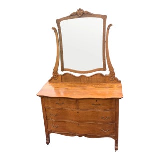 Antique Oak Cottage Style Dresser With Large Panel Mirror For Sale