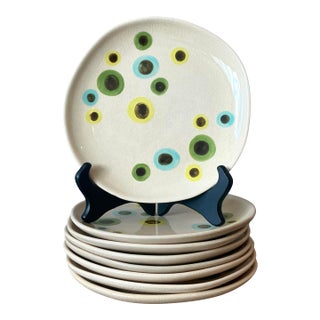 Vintage Boho Glazed Ceramic Polka Dot Plates - Set of 8 For Sale