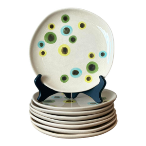 Vintage Boho Glazed Ceramic Polka Dot Plates - Set of 8