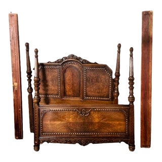 Early 20th Century Antique Spanish Revival Bedframe in Carved Oak and Burlwood For Sale