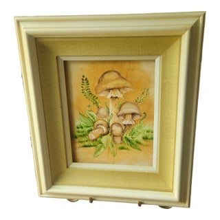 1970’s Retro Vintage Mushroom Yellow Wood Framed & Matted Print Picture 14 X 16 For Sale