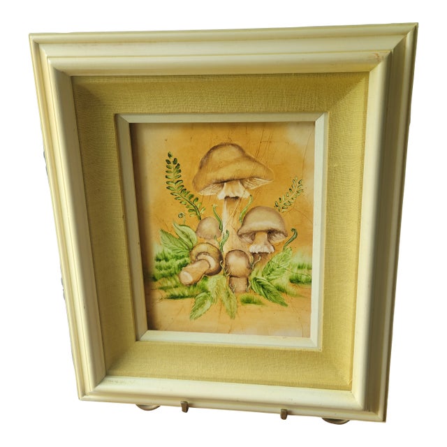 1970’s Retro Vintage Mushroom Yellow Wood Framed & Matted Print Picture 14 X 16 For Sale