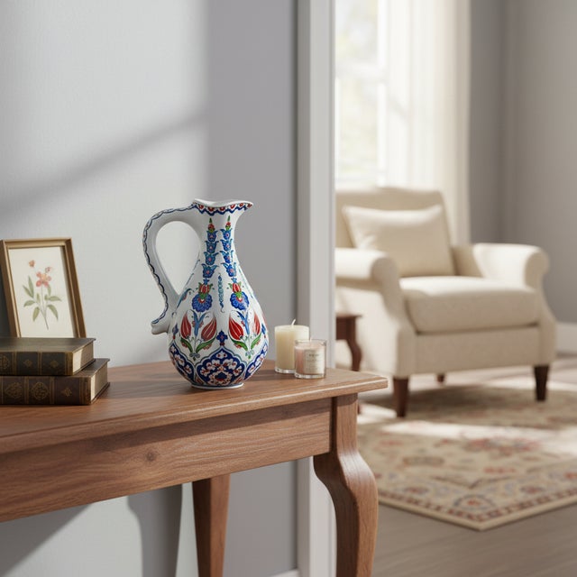 2020s Handmade Ceramic Pitcher (25cm) – Red Tulips & Blue Hyacinths – Elegant Slender Form For Sale - Image 5 of 11