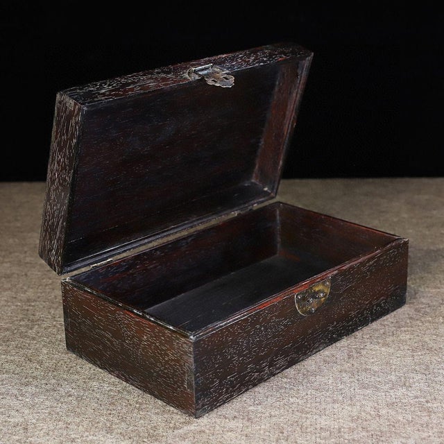 Chinese Dark Hardwood Relief-Carved Box, Bat, Double Coin & Peach Motifs, "Fu Shou Ru Yi" Treasure Chest For Sale - Image 3 of 9