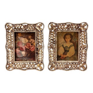 Mid Century Petite Silver Plate Ornate Filigree Picture Frames, Set of 2 For Sale
