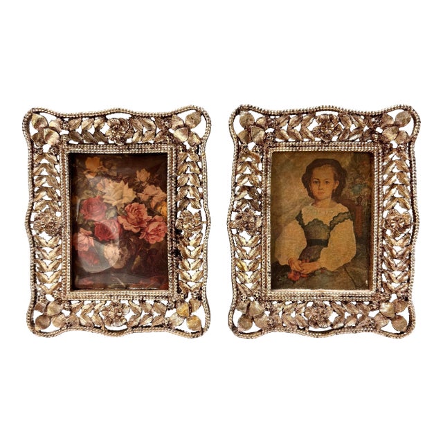 Mid Century Petite Silver Plate Ornate Filigree Picture Frames, Set of 2 For Sale