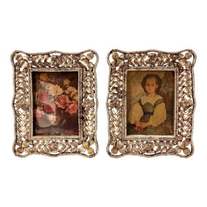 Mid Century Petite Silver Plate Ornate Filigree Picture Frames, Set of 2